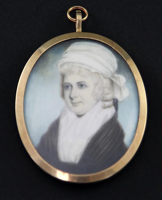 Attributed to John Barry (fl.1784-1827) Miniature of a lady wearing a white bonnet, 2.5 x 2in.
